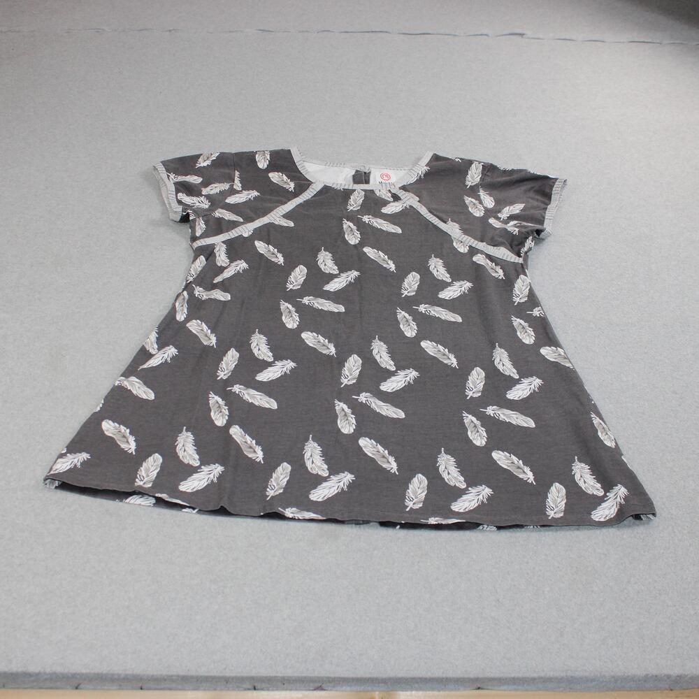 MaisMa Dress Women Large Gray Feather Print Labor Gown Nursing Snap Front Back